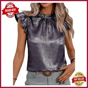 Metallic Ruffle Cap Sleeve Mock Neck Blouse Frill Trim Party Top
